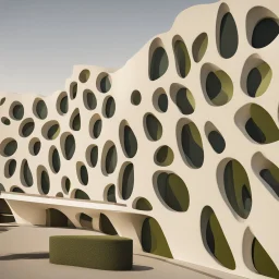 An olive-core-inspired building, presented in a contemporary abstract style.