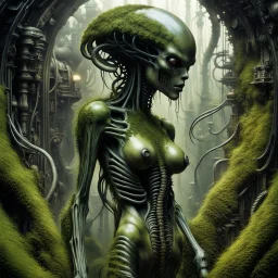 human female body xenomorph overgrown with moss, art peter Gric earl Norem Hajime Sorayama and Giger, steampunk, dieselpunk, detailed, complicated, photorealistic, 8k,