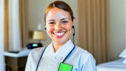 hotel housekeeping smiling with small white earbuds