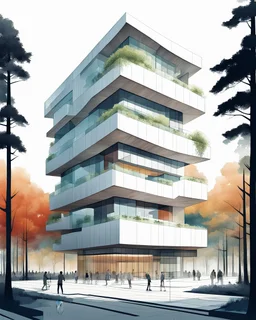 Dibujo arquitectónico de un edificio de cinco pisos, moderno, diseñado aplicando la proporción, estilo minimalista futurista, calidad ultra, gente, árboles, colores complementarios