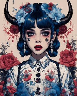 Poster in two gradually, a one side wears a smart shirt which is embroidered with bluered flowers and ornaments, has dark eyes and horns,malevolent goth vampire girl face and other side the Singer Melanie Martinez face, full body, painting by Yoji Shinkawa, darkblue and sepia tones,