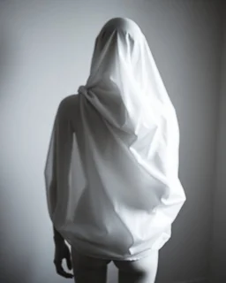 The blurred body of the mannequin is photographed from behind, its form obscured by an abstract white veil that adds to its enigmatic presence in the scene. The light casting on it creates a play between shadow and shape, adding depth to what could be seen as a minimalist portrait. This composition captures the mysterious essence of a figure shrouded within the soft fabric of fashion photography. --ar 3:4 --personalize 9t64lnl --stylize 500 --v 6.1