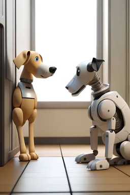 a dog a robot dog and a mouse looking at a closed door from outside of it