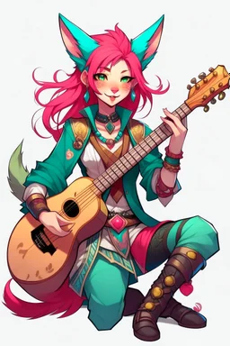 Teenaged Female kitsune paladin/bard with red, teal, and pink hair