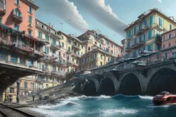 HanoiTrain+Close up Train head+ corner metro station+Elevated Train pass+trains+corner building on sea+riomaggiore+corniglia+genoa street+Italian medieval town+sea+alphonse mucha, greg rutkowski,matte painting, cryengine, hyper detailed, felix kelly, fantasy art, seb mckinnon