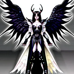 angel, demon, angel demon hybrid, half angel, half demon, black angel wings, white demon wings, black and white, balance, horns, armor, noble clothes, black and white armor, black and white clothes