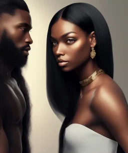 Beautiful black woman with long black hair standing next to pale skinned handsome dark haired muscular man, fantasy, ethereal, soft lighting, realistic lighting, HD 8K