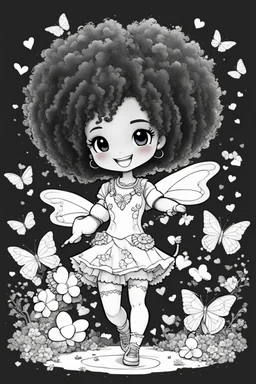 create a coloring page of a chibi girl with a curly afro ponytails dancing around hearts and butterflies. she smiles while shes playing with her kitten, black and white