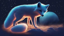 An outline of an artic fox. The inside is filled with constellations, nebulas, and aurora borealis blue. The scene is made to look like a real artic fox. Dey, illustration, 3d render, vibrant, cinematic