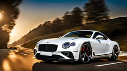 A sleek white shiny (((bentley 911))), (((cinematic view))), zipping along a winding road under a beautiful blue black night sky