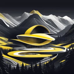 Ilustración minimalista de una casa campestre estilo Zaha Hadid forma ovalada en las montañas arte nouveau neón lineal color negro blanco y amarillo calidad ultra fondo ciudad vista aérea