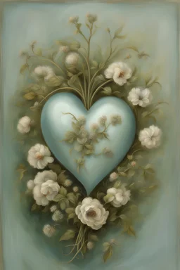 Victorian style painting of a satin love heart entwined by dried flowers, very pale greenish blue, by Grace Polit.