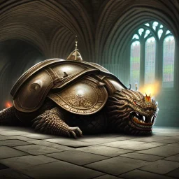 giant armored warrior sleeping on his back on a stone slab in a cathedral cavern