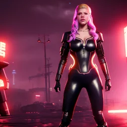 Actress, Katheryn Winnick, cyber woman, latex, sexy, blood, portrait, unreal engine 5, samurai, 16 bit, god lights, ultra hd, vibrant color, night city background, neon, front view.