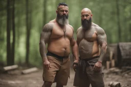 full body two arab men 4 5years old woodcutter in boxer muscular strong chubby hairy shirtless with many tattooes with a huge bulge , embraced close, manly body, short beard, curlu hair wood background,High detail, very detailed, ultra HD, 8k, cinematic