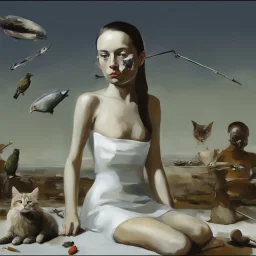 UN conference.a cat and human flesh-like surgical instruments and universe-like a pigeon and neuralink, surrealism,minimalism,Painting By Adrian Ghenie, Rene Magritte, Salvador Dali, Lucian Freud