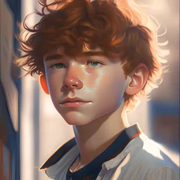 portrait Anime american male kid cute-fine-face, light brown hair, pretty face, realistic shaded, fine details. realistic shaded lighting by Ilya Kuvshinov Giuseppe Dangelico Pino and Michael Garmash and Rob Rey, IAMAG premiere, WLOP matte print, cute freckles, masterpiece