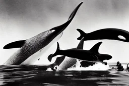 An orca army pod fighting in WW2, swimming up a stream to attack, orca insurgents, armored orcas