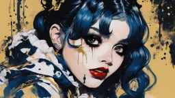 Poster in two gradually, a one side malevolent goth vampire girl face and other side the Singer Melanie Martinez face, painting by Yoji Shinkawa, darkblue and gold tones,