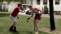 2 men in boxers spraying fire extinguisher at each other