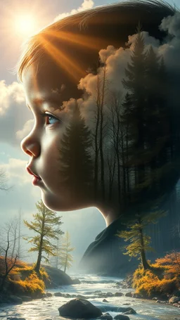 portrait of baby child , Double exposure surreal digital art of a mysterious , his face in profile, blending seamlessly into the shape of the clouds . a magical forest scene unfolds, illuminated by golden light rays, with tall trees and a flowing river.