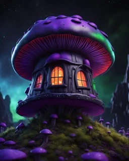 An illogical floating mushroom house on a clear moonless night. . Bright Bold Bright Colors, green blue purple black, Starry Dark cosmic interstellar. Detailed Matte Painting, deep color, fantastical, intricate detail, splash screen, hyperdetailed, insane depth, concept art, 8k resolution, trending on Artstation, Unreal Engine 5, color depth, backlit, splash art, dramatic, High Quality Whimsical Fun Imaginative Bubbly, perfect composition