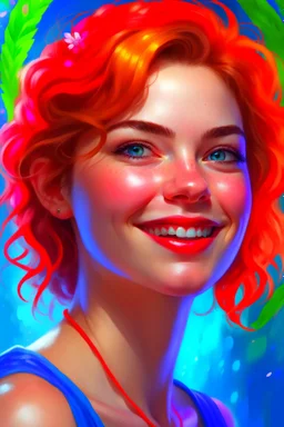 A happy beautiful woman, head and shoulders portrait, 8k resolution concept art portrait by Greg Rutkowski, Artgerm, WLOP, Alphonse Mucha dynamic lighting hyperdetailed intricately detailed Splash art trending on Artstation triadic colors Unreal Engine 5