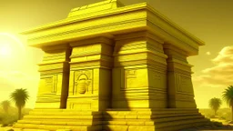 A light greenish yellow temple with a sun symbol designed in ancient Egyptian hieroglyphics