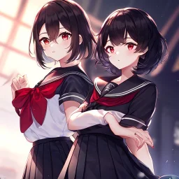 Clear focus, High resolution, fluffy black short hair, dark red eyes, wearing a black and red sailor uniform and pleated black skirt, fluffy hair, detailed outfit, wearing red eyelashes,