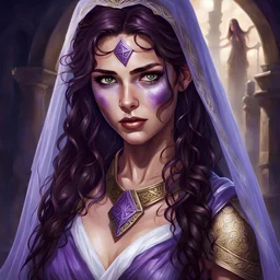 dungeons & dragons; face shot; portrait; female; teenager; freckles; goddess; goddess of magic; greek dress; veil; dark hair; purple eyes; magic;