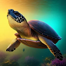 Turtle deep water loghts night, unreal 5, octane render, cinema4d, redshift render, hyper realistic, cenematic, vibrancy, synthwave, retouch, centered, dynamic lighting, dramatic lighting, 4k, highly detailed, attractive beautiful, realistic, virtual reality, epic composition, holographic,