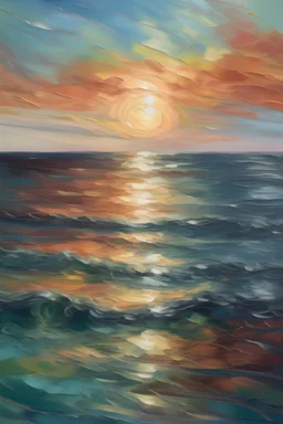 un quadro impressionista disegnato ad olio che rappresenta il tramonto al mare. Il mare è disegnato con sfumature trasparenti.