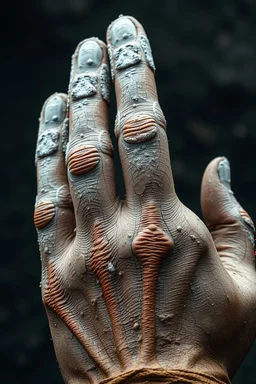 A big fingers of a giant human textured with white powder and muddy skin with cracks and corrosion