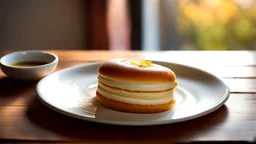 A single delicates roll cake filled citrone creme on a small pale ceramic plate, on a wooden table. A steaming mug (possibly coffee or tea) and a folded newspaper are also on the table. Natural, warm sunlight streams in from a window on the left, casting pleasant shadows and creating a cozy, relaxed morning atmosphere