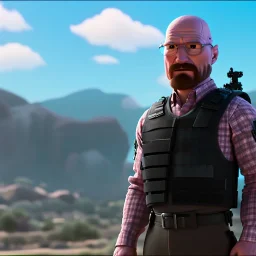 Walter White cyborg, 8k, tactical vest,helmet.