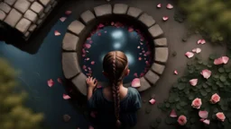 bird's eye view from seen from behind, a young woman with dark blonde long braided hair looks into an villager old stone well iin a grassy yard, under water a blurred ghostly baby boy face is reflected in the water of the well with withered rose petals, detailed, surreal, sharp focus, high realistic, perfect photo