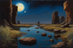 Dark blue sky with one exoplanet in the horizon, rocks, cliffs, puddle, weeds, sci-fi movies influence, epic, ernest welvaert and charles leickert impressionism paintings