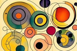 abstract in the style of Paul Klee with circles of colour and sketchy thin inky lines.