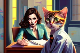 kitten brunette woman secret agent joker in an office in sunshine, very detailed, oil painting