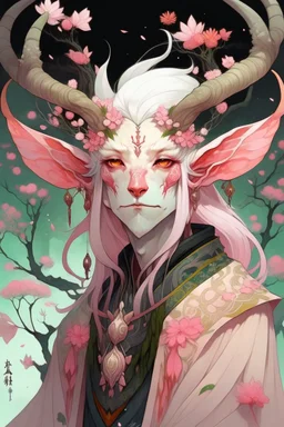 Pink hair spring cherry blossom Eladrin Male antlers druid beard moth fae