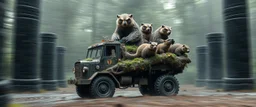bad ass Owlbears badgers beavers overlord on stone age overgrown lorry with some kobolds, hyperrealism, motion blur background with black stone pillars as frame