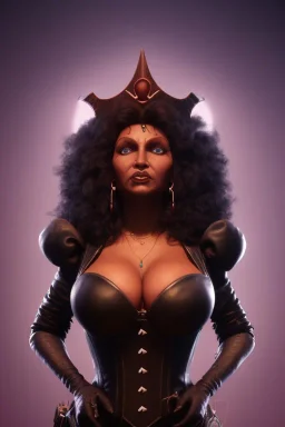 Pam Grier as evil queen in black leather, leather, busty, cleavage, angry, stern look. character design by cory loftis, fenghua zhong, ryohei hase, ismail inceoglu and ruan jia. unreal engine 5, artistic lighting, highly detailed, photorealistic, fantasy