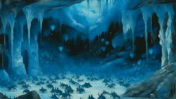 A light blue cavern filled with vampire bats painted by Claude Monet