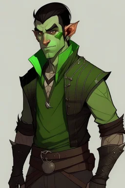 half orc twenty one year old male wearing black and green rogue clothing, mischievous and kind