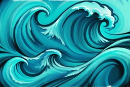 a background of a fun stylized waves with smooth black linework, blue teal tones, surf culture, kawaii cute