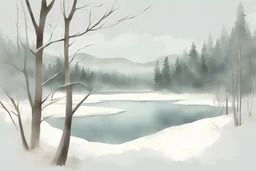 A serene winter scene depicting a frozen lake nestled amidst snow-covered trees. Frame the image as a horizontal composition, with the lake taking up most of the foreground. Maintain a consistent color palette throughout the image, with a focus on muted tones and a sense of overall warmth. In the style of watercolor and ink