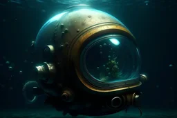 a fish swimming inside of the deep sea diving helmet, hyper photorealistic, hyper detailed realistic art color, high resolution, fog, octane render, tilt shift, HDRI Environment