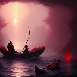 Charon in his boat on the river Styx, red black purple colours, 8k, high definition, fantasy art