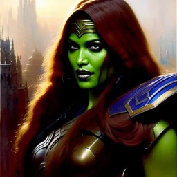 portrait beautiful face Gamora,busty,ancient metal armor balanciaga fashion clothe painting by gaston bussiere, greg rutkowski, yoji shinkawa, yoshitaka amano, tsutomu nihei, donato giancola, tim hildebrandt, oil on canvas, cinematic composition, extreme detail,fit full head inside picture,16k