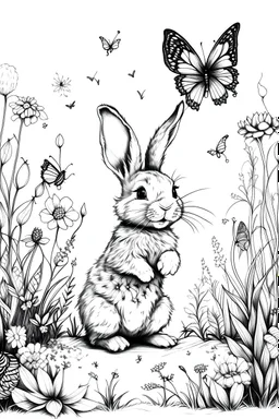 outline art with pencil sketch art for {A cute, smiling rabbit holding the letter 'R' with a cuddly bunny nibbling on a carrot, in a blooming meadow filled with daisies and butterflies.}with floral background pencil sketch style,full body only use outline with black and white outline and make a floral backgound with black and white background